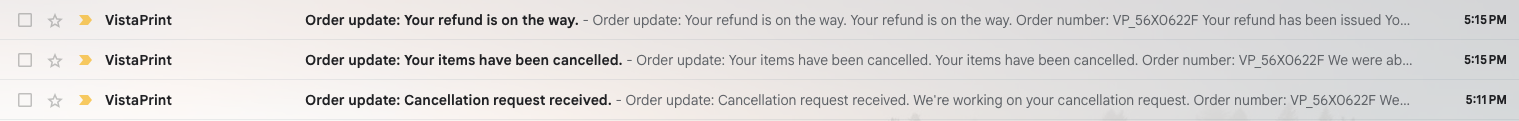 Email inbox with three emails: ‘Cancellation request received’, ‘Your items have been cancelled’ and ‘Your refund is on the way’